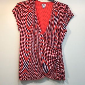 Worthington, 1X top, faux wrap & abstract pattern.